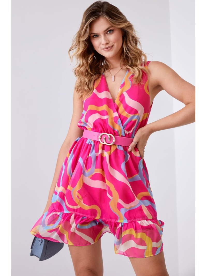 Light patterned dress with a belt, pink and blue 03040 - Online store - Boutique